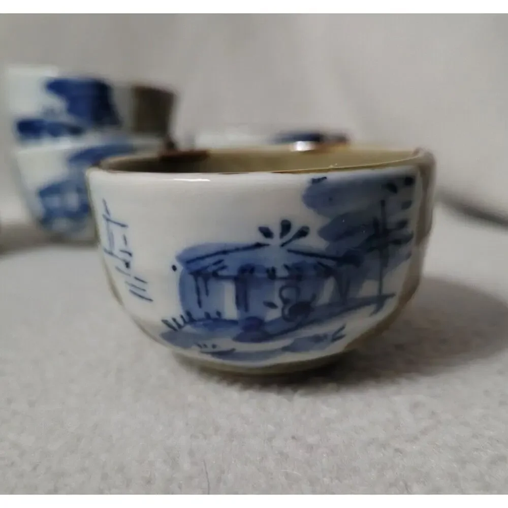 Vtg Set 5 Sake Rice Green Pottery Japanese Drink Cups Pitcher Pinch Pottery
